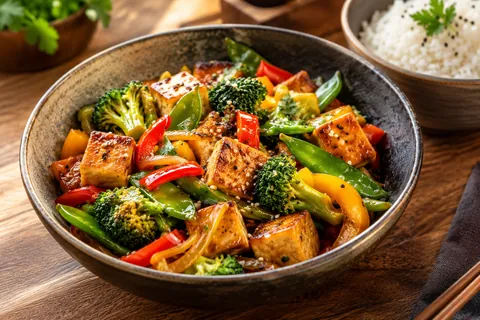 Gebratener Tofu mit Brokkoli, Paprika und Zuckerschoten in der Schale, daneben Reis