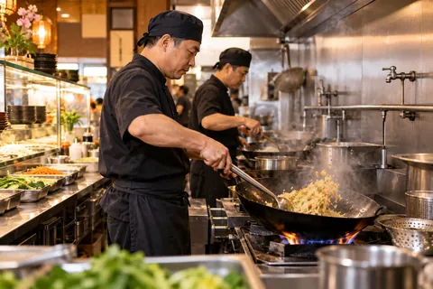 Zwei Köche am Wok, gebratener Reis über der Gasflamme