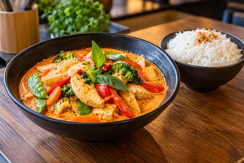 Rotes Thai-Curry mit Hähnchen und Reis