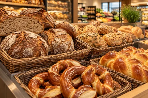 Körbe mit Bauernbroten, Körnerbrötchen, Laugenbrezeln und Hefezopf