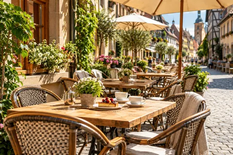 Straßencafé mit Tischen, Stühlen und Sonnenschirmen auf dem Gehweg einer Altstadt