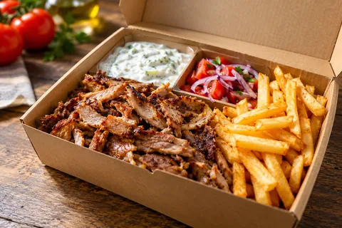 Dönerbox mit Dönerfleisch, Pommes, Tzatziki und Tomaten-Zwiebel-Salat