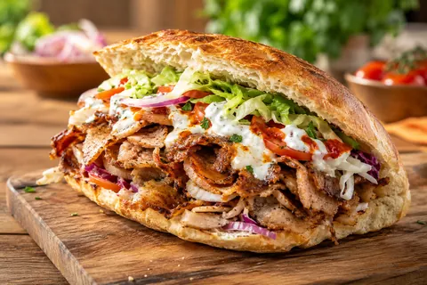 Döner im Fladenbrot mit Salat, Tomate, Zwiebeln und Soße auf dem Holzbrett