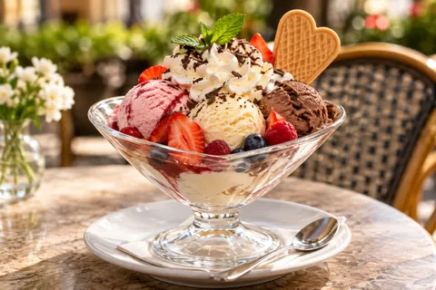 Gemischter Eisbecher mit Erdbeer-, Vanille- und Schokoladeneis, Sahne, Beeren und Waffel