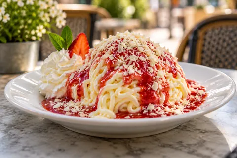 Spaghettieis mit Erdbeersoße, weißer Schokolade und Sahne