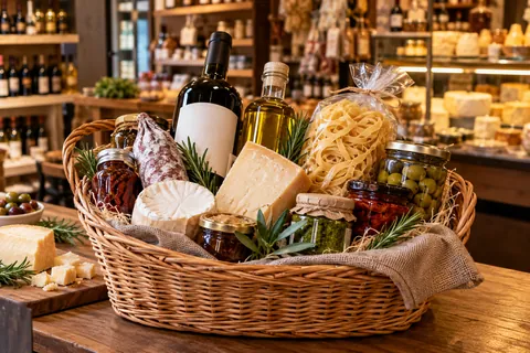 Präsentkorb mit Wein, Öl, Salami, Käse, Pasta und eingelegtem Gemüse