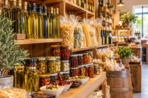 Regal mit Ölen, Pasta, eingelegtem Gemüse und Antipasti in Gläsern