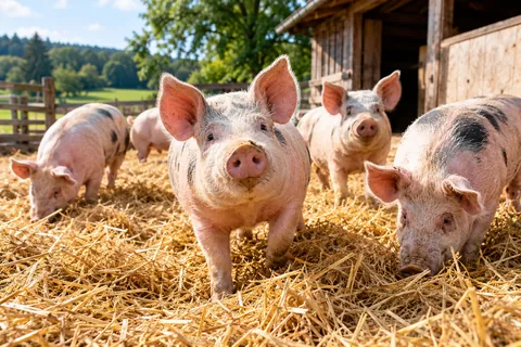 Schweine auf Stroh vor dem Stall
