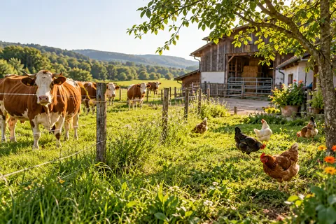 Kühe auf der Weide und Hühner im Gras vor dem Stall