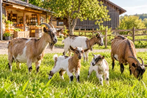 Ziegen mit Zicklein auf der Wiese, dahinter der Hofladen