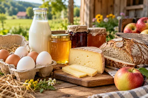Milch, Eier, Honig, Käse, Brot und Äpfel auf einem Holztisch