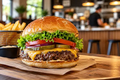 Cheeseburger mit Salat, Tomate und Gurke, dahinter Pommes im Korb