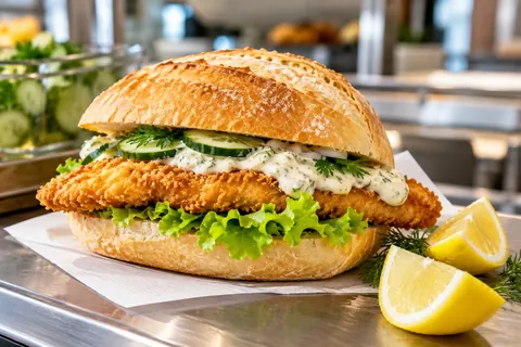 Backfisch im Brötchen mit Remoulade, Gurke, Salat und Zitrone