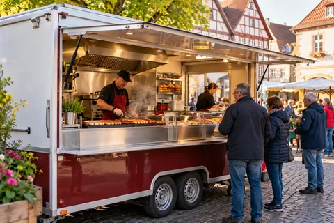 Imbisswagen auf dem Marktplatz, Bratwürste auf dem Grill, Kunden warten