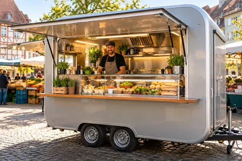 Imbissanhänger auf dem Wochenmarkt, Vitrine mit Salaten und Brötchen