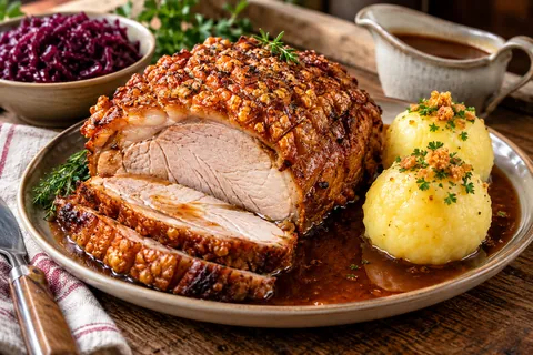 Krustenbraten mit Kartoffelknödeln, Rotkohl und Soße