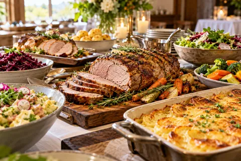 Buffet mit Braten und Beilagen