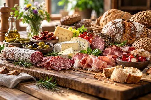 Brotzeit mit Wurst, Schinken, Käse und Brot