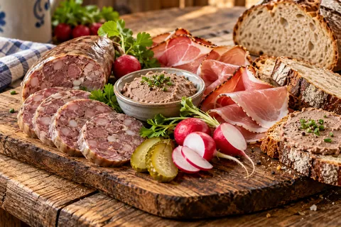 Brotzeitbrett mit Wurst, Leberwurst und Brot