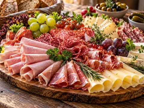 Wurst- und Käseplatte mit Trauben und Oliven