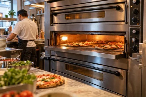 Edelstahl-Etagenofen, offenes Fach mit vier Pizzen