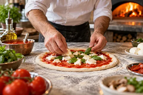 Pizzabäcker belegt eine Pizza Margherita, dahinter der Holzofen