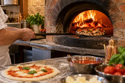 Pizzabäcker schiebt eine Margherita in den Holzofen, vorn wird die nächste belegt