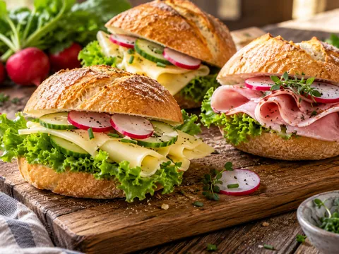 Belegte Brötchen mit Käse und Schinken
