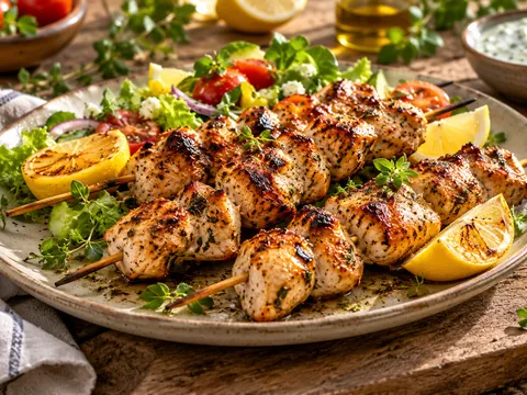 Gegrillte Hähnchenspieße mit Zitrone und Salat