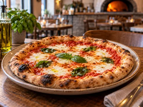 Gedeckter Tisch mit Pizza Margherita in der Pizzeria