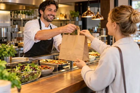 Koch reicht einer Kundin die Abholtüte über die Theke mit Salat und warmen Gerichten