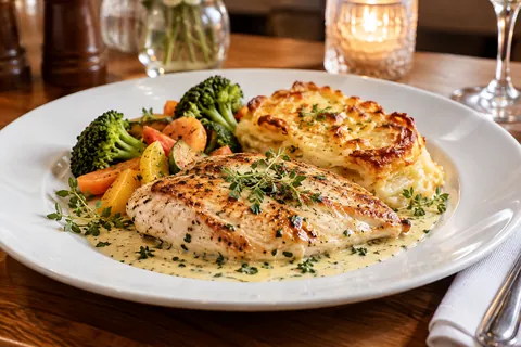 Hähnchenbrust in Kräuterrahmsoße mit Kartoffelgratin und Ofengemüse