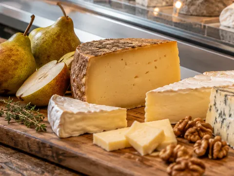 Bergkäse auf dem Holzbrett mit Birnen und Walnüssen