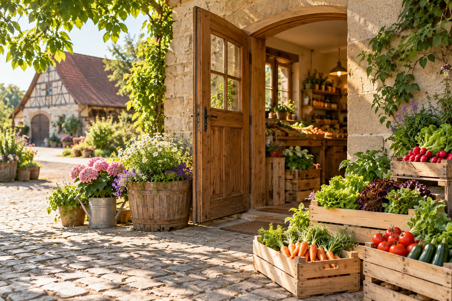 Eingang des Hofladens mit offener Holztür, Gemüsekisten und Blumen vor einem Fachwerkhaus