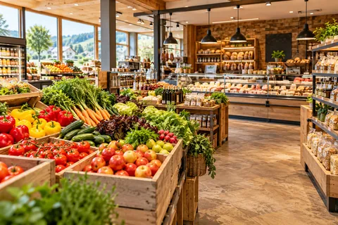 Regionaler Markt mit Gemüsekisten, Käse- und Wursttheke, Brotregal und großen Fenstern
