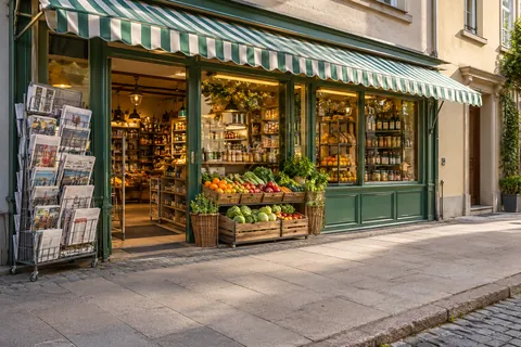 Ladenfront mit Markise, Schaufenster, Zeitungsständer und Obstkisten