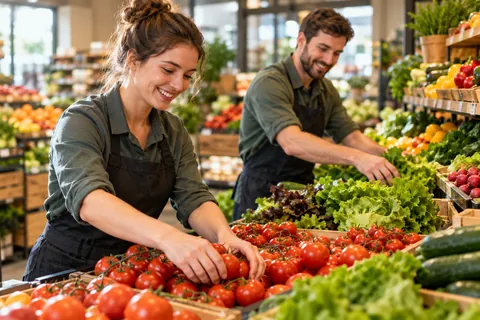 Zwei Mitarbeitende in Schürzen legen Tomaten und Salat in die Gemüseauslage