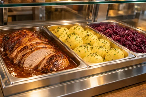 Schweinebraten mit Knödel und Rotkohl