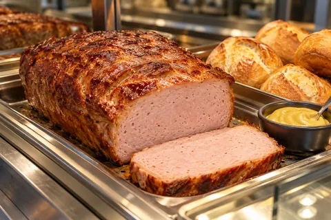 Fleischkäse am Stück, angeschnitten, in der heißen Theke mit Semmeln und Senf