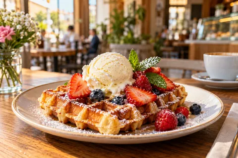 Waffel mit Vanilleeis, Erdbeeren und Heidelbeeren, daneben ein Cappuccino