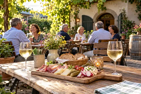 Gedeckter Tisch im Hof der Straußwirtschaft mit Weißwein und Brotzeitbrett