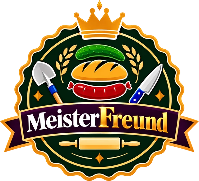 MeisterFreund Logo: Krone, Brot, Wurst, Hackbeil und Messer über einem Band mit dem Schriftzug MeisterFreund